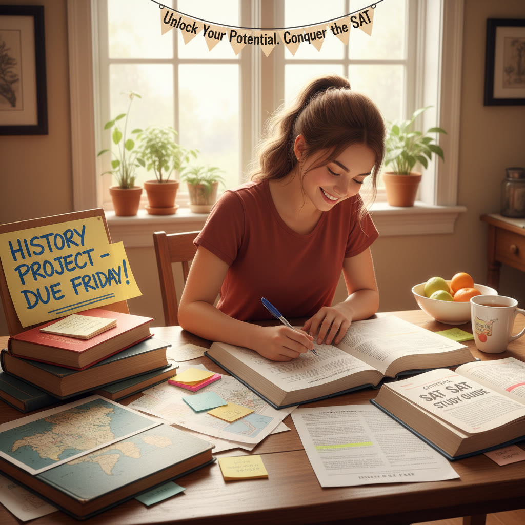 Student at a desk combining a history research project with SAT reading passages; bright, focused atmosphere, not staged