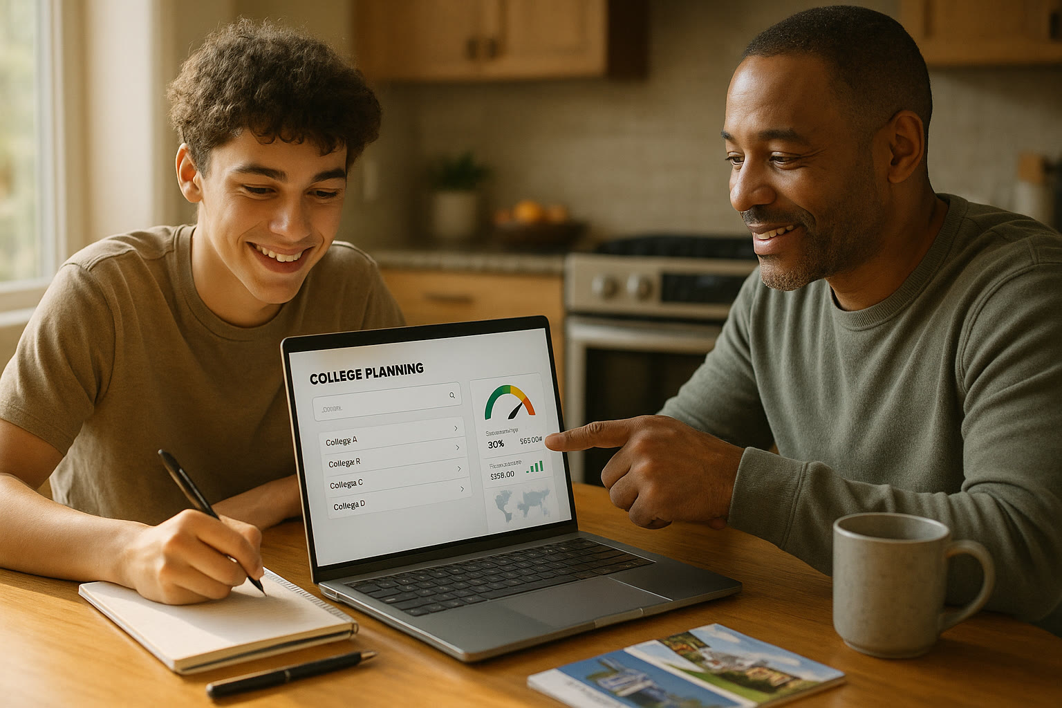 Photo Idea : A student and parent at a kitchen table, laptop open with a BigFuture-style dashboard on screen, smiling and taking notes on college possibilities.