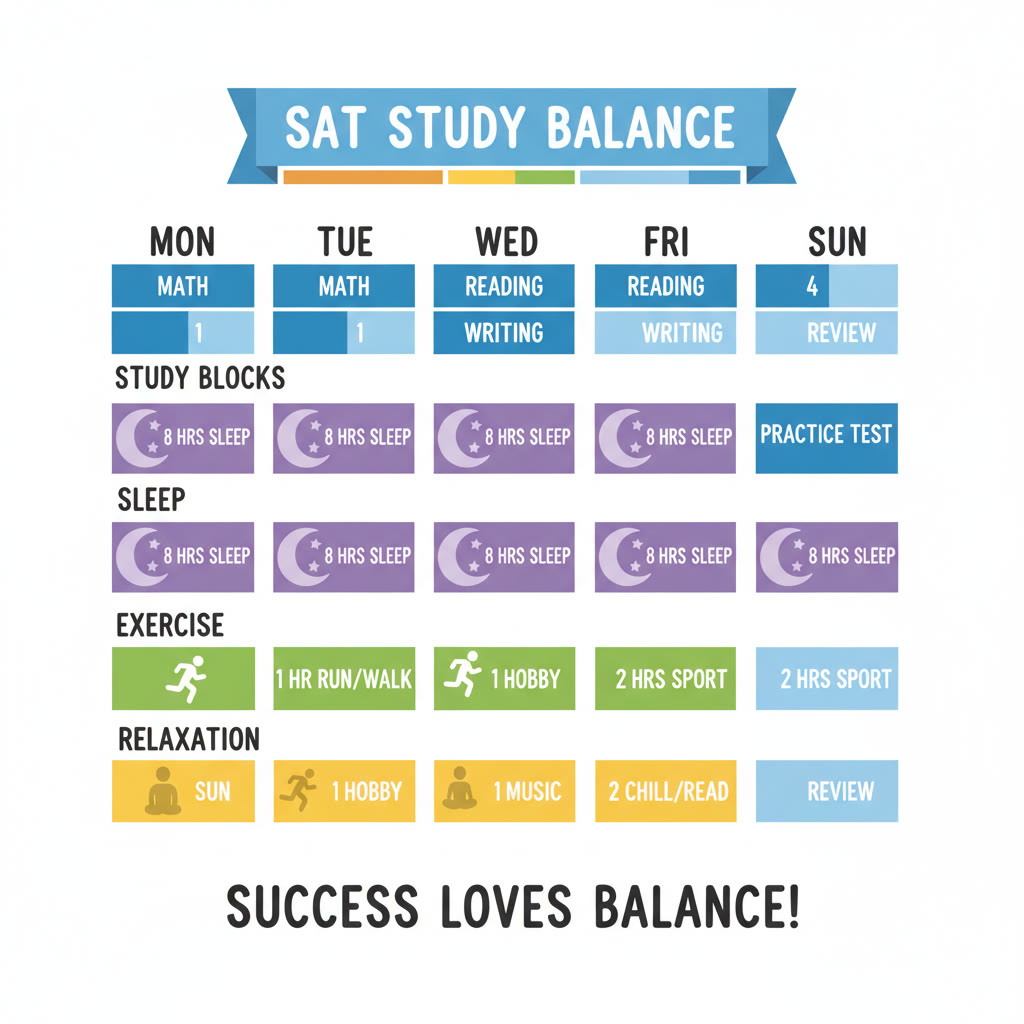 Illustration idea: A simple infographic showing a weekly study schedule paired with sleep, exercise, and relaxation blocks to emphasize balance.