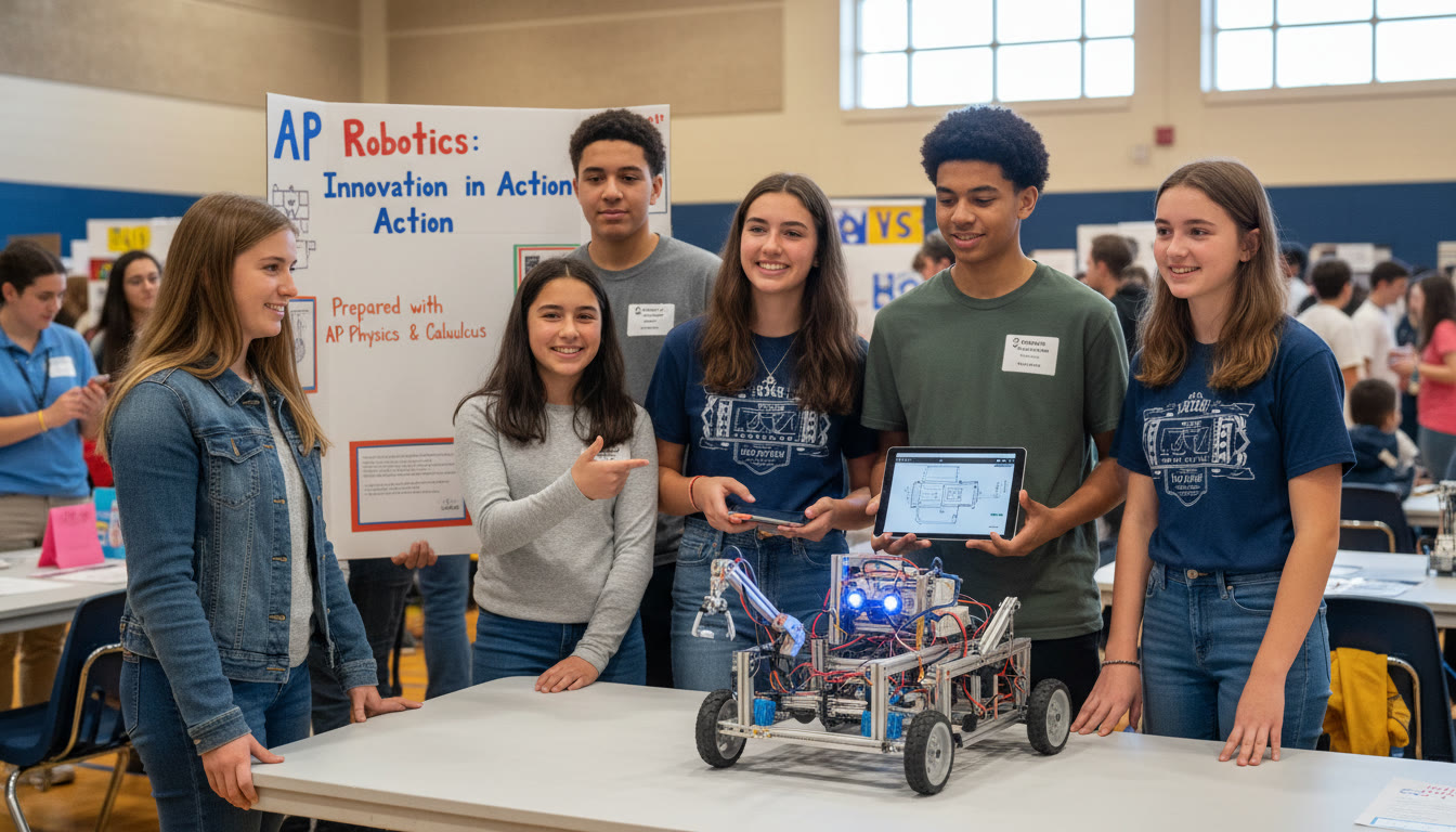 Photo Idea : A proud team of high school students presenting a finished robotics project at a school fair — shows collaboration, presentation skills, and the real-world payoff of AP-driven preparation.