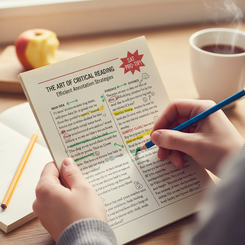 Student marking and annotating a compact SAT passage with colored pencils: close-up of hands and margin notes to illustrate efficient annotation.