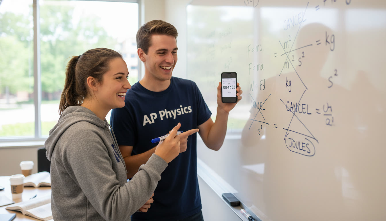Photo Idea : Two students working at a whiteboard, one writing unit cancellations and the other timing the drill — conveys collaborative sprint practice and instant feedback.