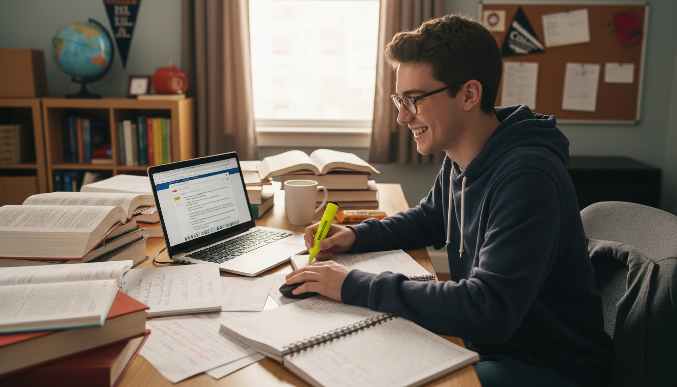 Photo Idea : A student at a desk surrounded by open books and notes, highlighting passages on a laptop screen — conveys active research and synthesis early in the learning process.