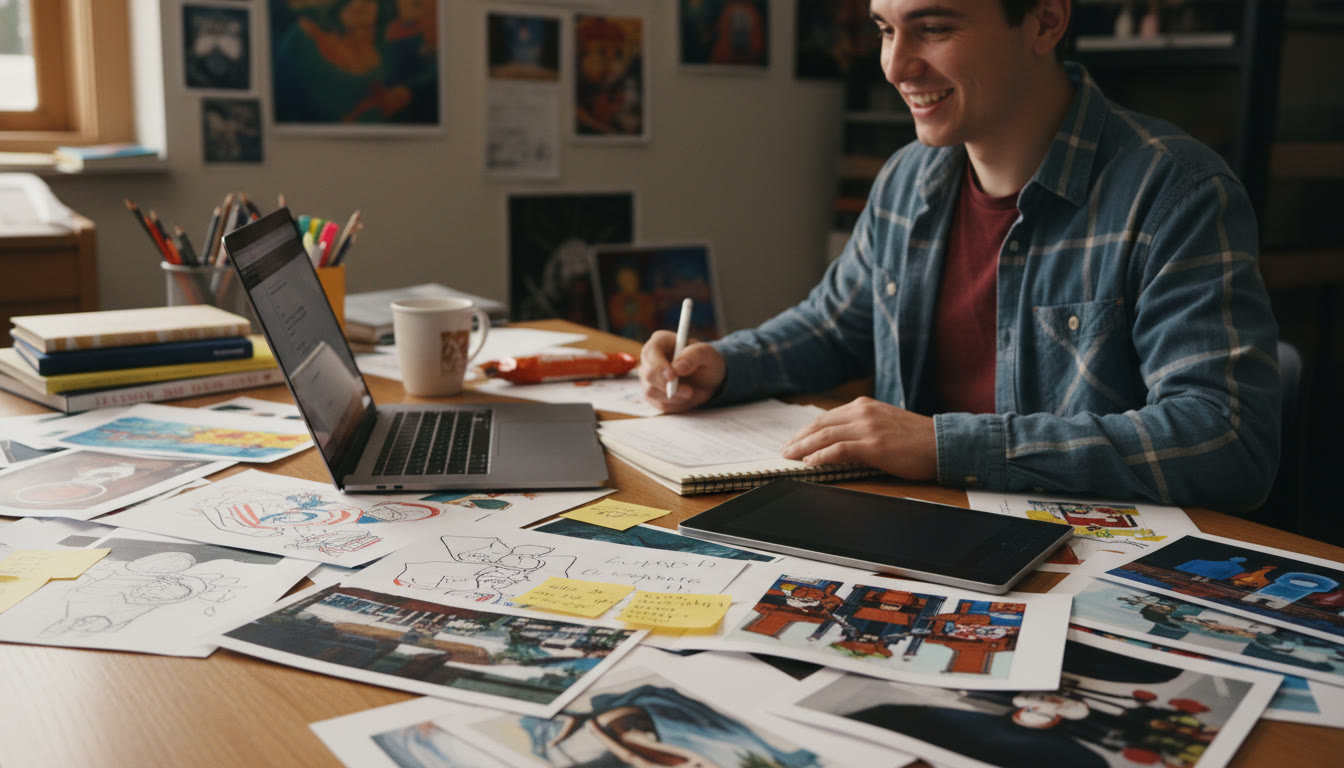 Photo Idea : Close-up of a student revising drafts on a laptop with printed artworks spread around — suggests the iterative relationship between words and work, and emphasizes the portfolio preparation atmosphere.