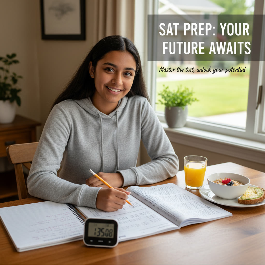 Suggested image: A student at a kitchen table taking a full-length SAT practice test with a timer, notebook, and a simple breakfast nearby—showing a calm, realistic test setup.