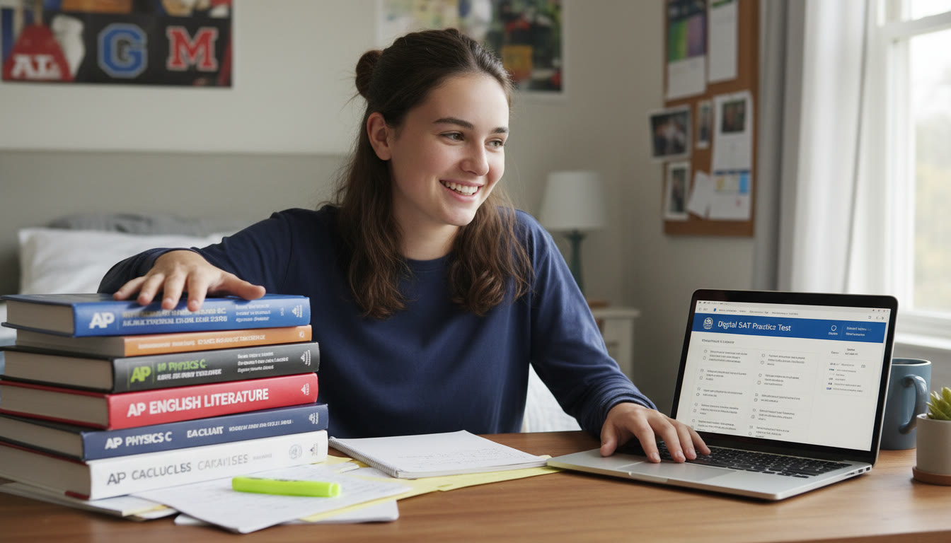 Photo Idea : A bright, candid photo of a high school student sitting at a desk with AP textbooks on one side and a laptop open to a Digital SAT practice interface on the other conveying the choice between subject mastery and standardized testing.