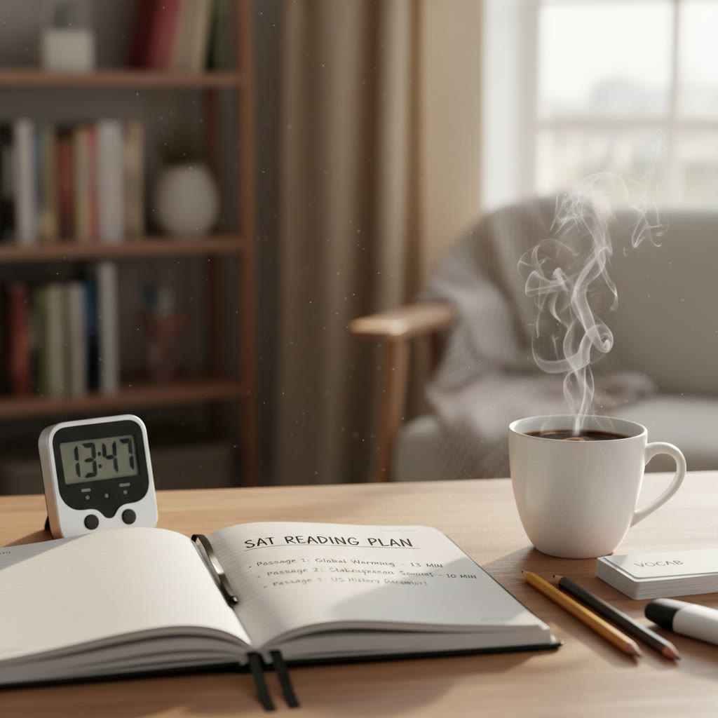 Study desk with a timer, notebook titled 