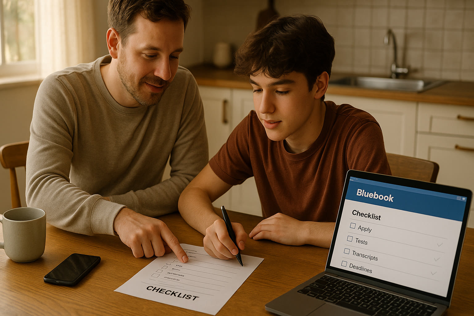 Photo Idea : A softly lit kitchen table with a parent and teen reviewing a printed checklist together, Bluebook app visible on a laptop screen nearby.