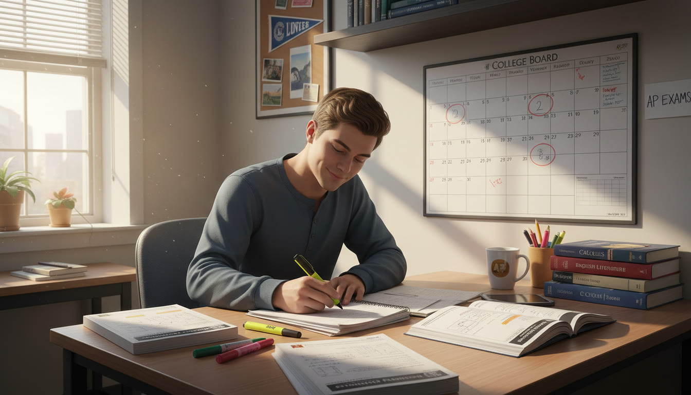 Photo Idea : A focused student at a tidy desk surrounded by AP study materials—notes, highlighters, and a calendar marking key test dates. Natural light, calm expression, conveys preparation and integrity.