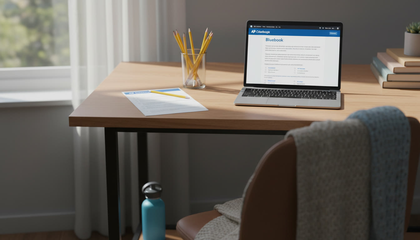 Photo Idea : A clean desk with a printed checklist, sharpened pencils in a cup, a charged laptop with Bluebook on screen, and a small water bottle tucked under the desk—natural morning light, cozy but focused.