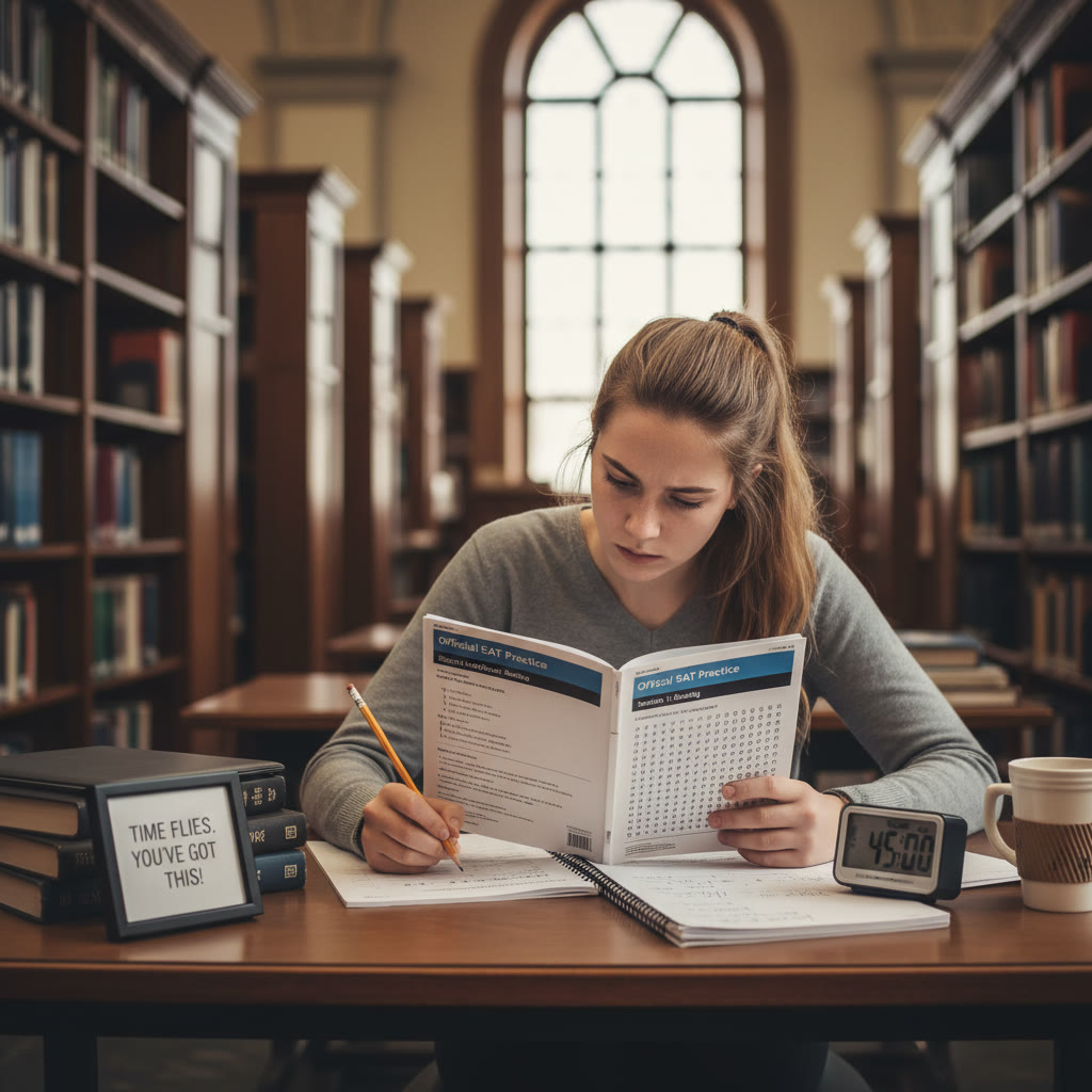 Student sitting at a small desk taking a timed SAT practice test, with a stopwatch and a notepad—showing focused concentration in a library-like environment.