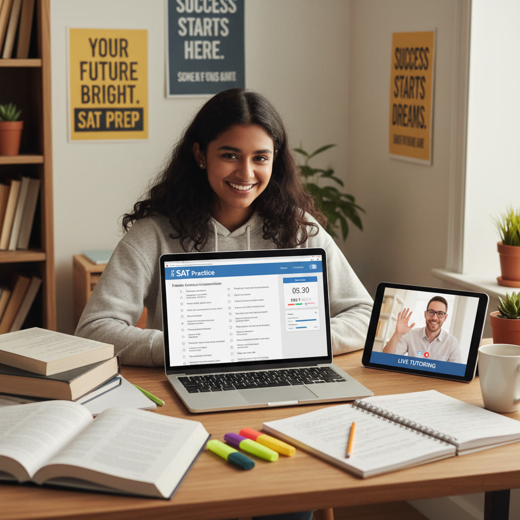Photo Idea : A student studying at a desk with a laptop showing a digital practice SAT interface, notes, and a tutor on a video call in the background to suggest personalized tutoring in action.