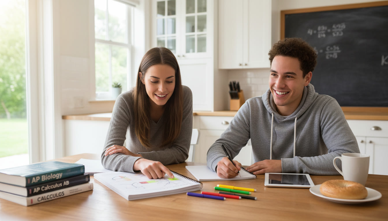 Photo Idea : A bright, hopeful scene of a student and a tutor (one-on-one) at a kitchen table, tutor pointing at a notebook while the student smiles and takes notes. The photo should feel collaborative and reassuring, emphasizing personalized guidance.
