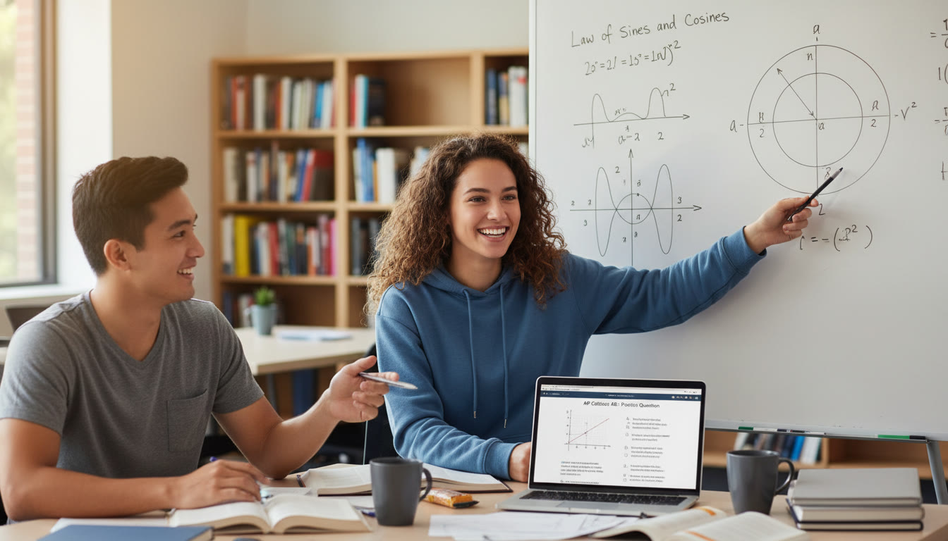 Photo Idea : A tutor and student working together over a whiteboard with trig graphs, a unit circle drawn, and a laptop showing a practice problem — emphasizes collaborative, personalized tutoring.