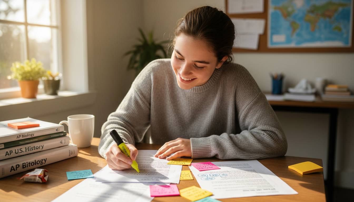 Photo Idea : A student at a desk with a highlighter, sticky notes, and a printout of an essay with margin notes. Natural light, warm tones, a sense of focused study.