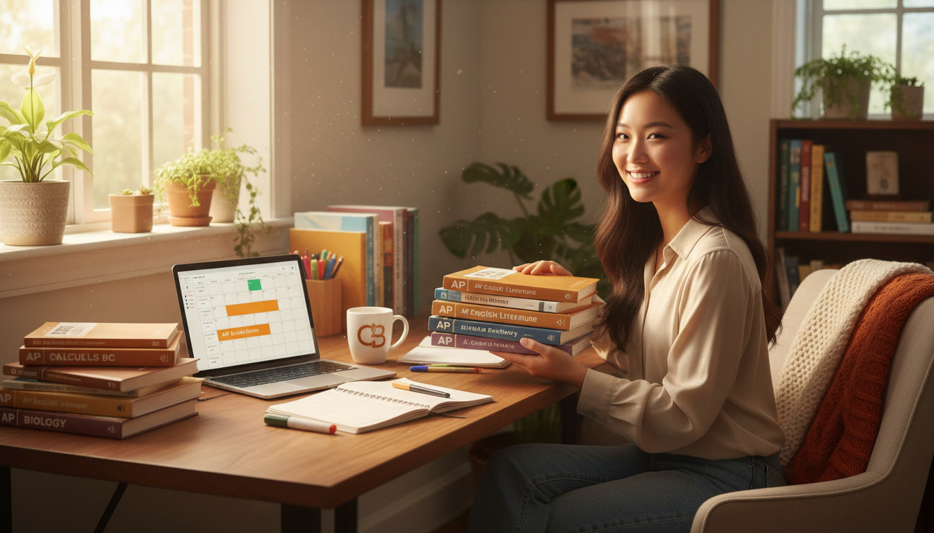 Photo Idea : A bright study nook with a student sorting AP prep books and laptop open to a calendar; natural light, warm tones — evokes planning and focus. Place near the top of the article to set the practical, studious mood.