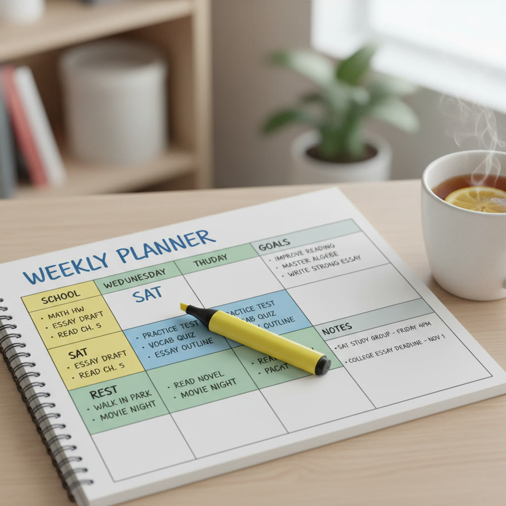 Close-up of a notebook with a weekly planner, color-coded blocks for school, SAT, and rest, with a highlighter and a cup of tea to suggest calm organization.