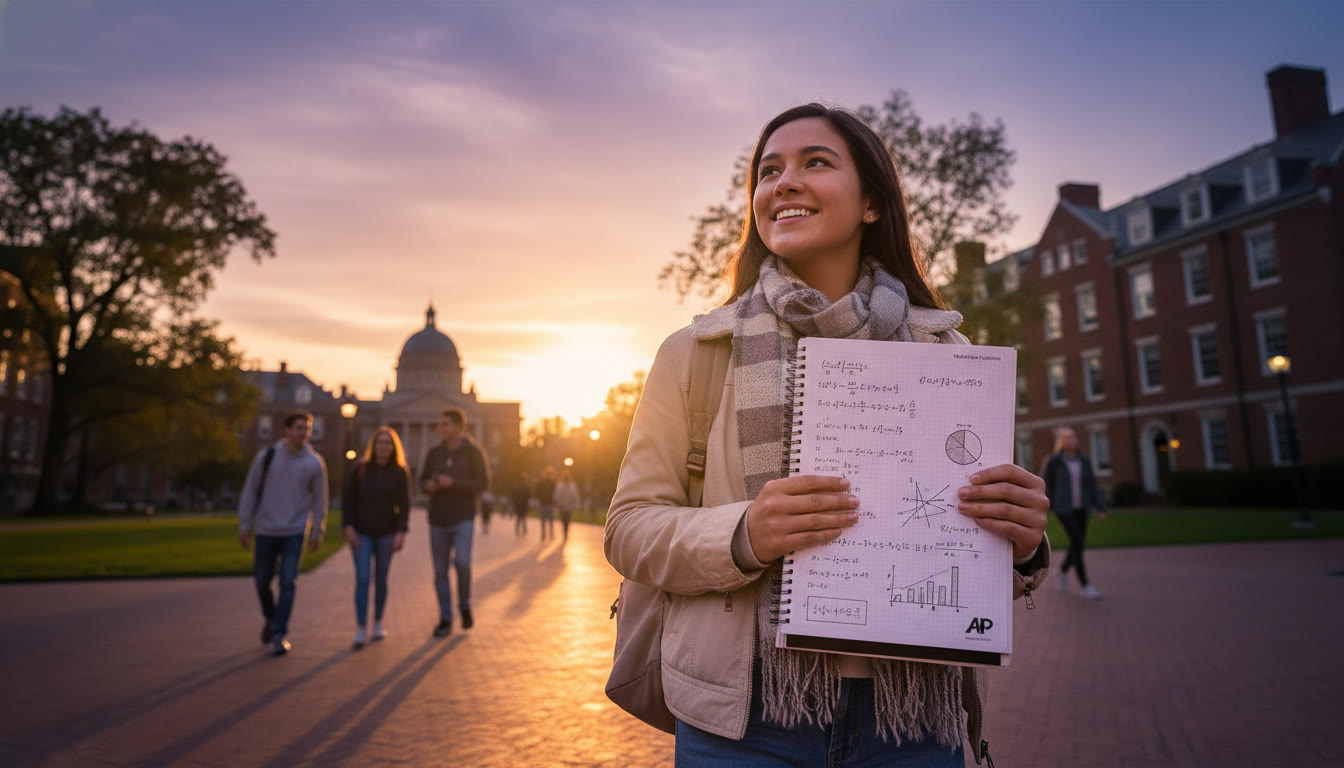 Photo Idea : A hopeful student walking on a university campus at dusk, holding a notebook filled with graphs and equations — suggests aspiration and the next-stage transition to university study.