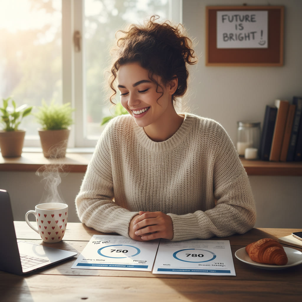 Photo Idea : A focused student at a kitchen table with two test score reports, highlighting section scores side by side; soft morning light, coffee cup nearby—captures both preparation and reflection.