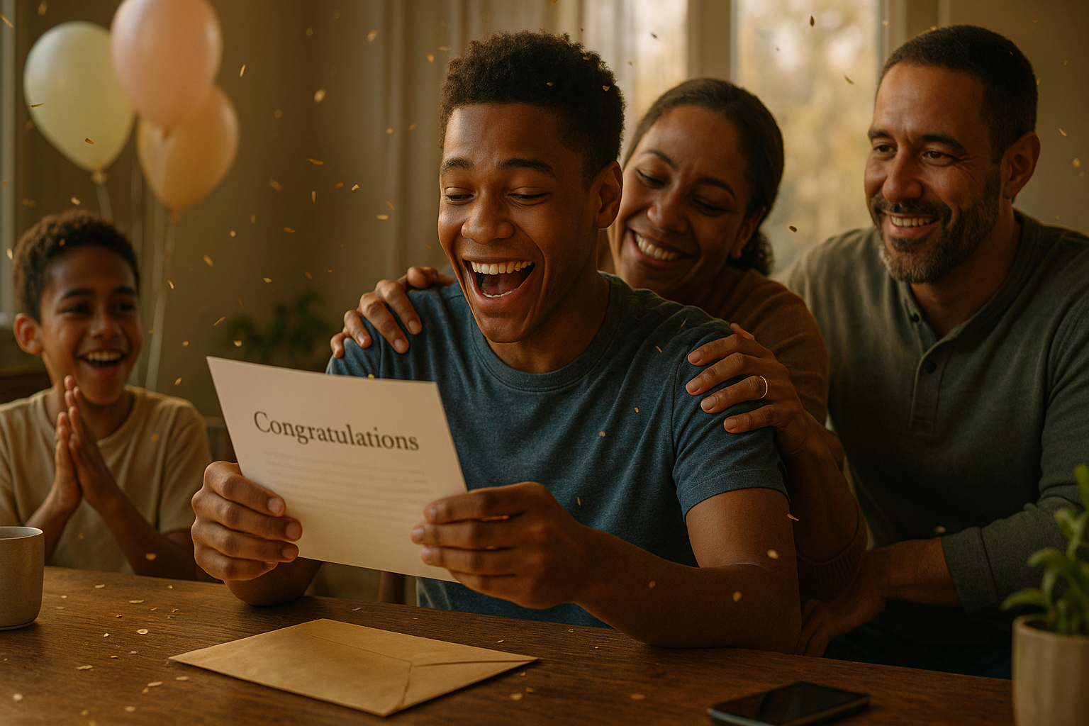 Photo Idea : A celebration moment — student opening an acceptance/scholarship letter with family around, confetti or balloons subtly visible, focus on joy and relief.