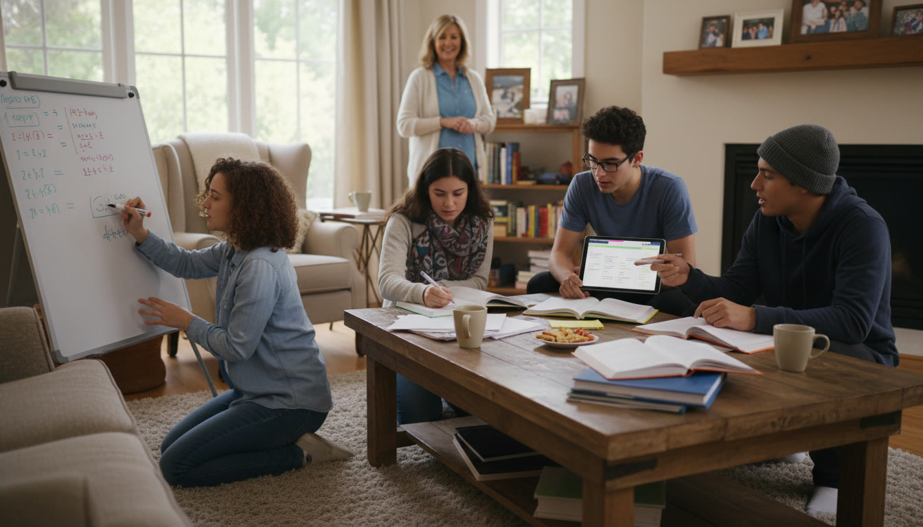 Photo Idea : A cozy living room table with 4 teens spread out—one writing on a whiteboard, another with a tablet showing notes, a parent in the background smiling—captures a focused, friendly study pod.