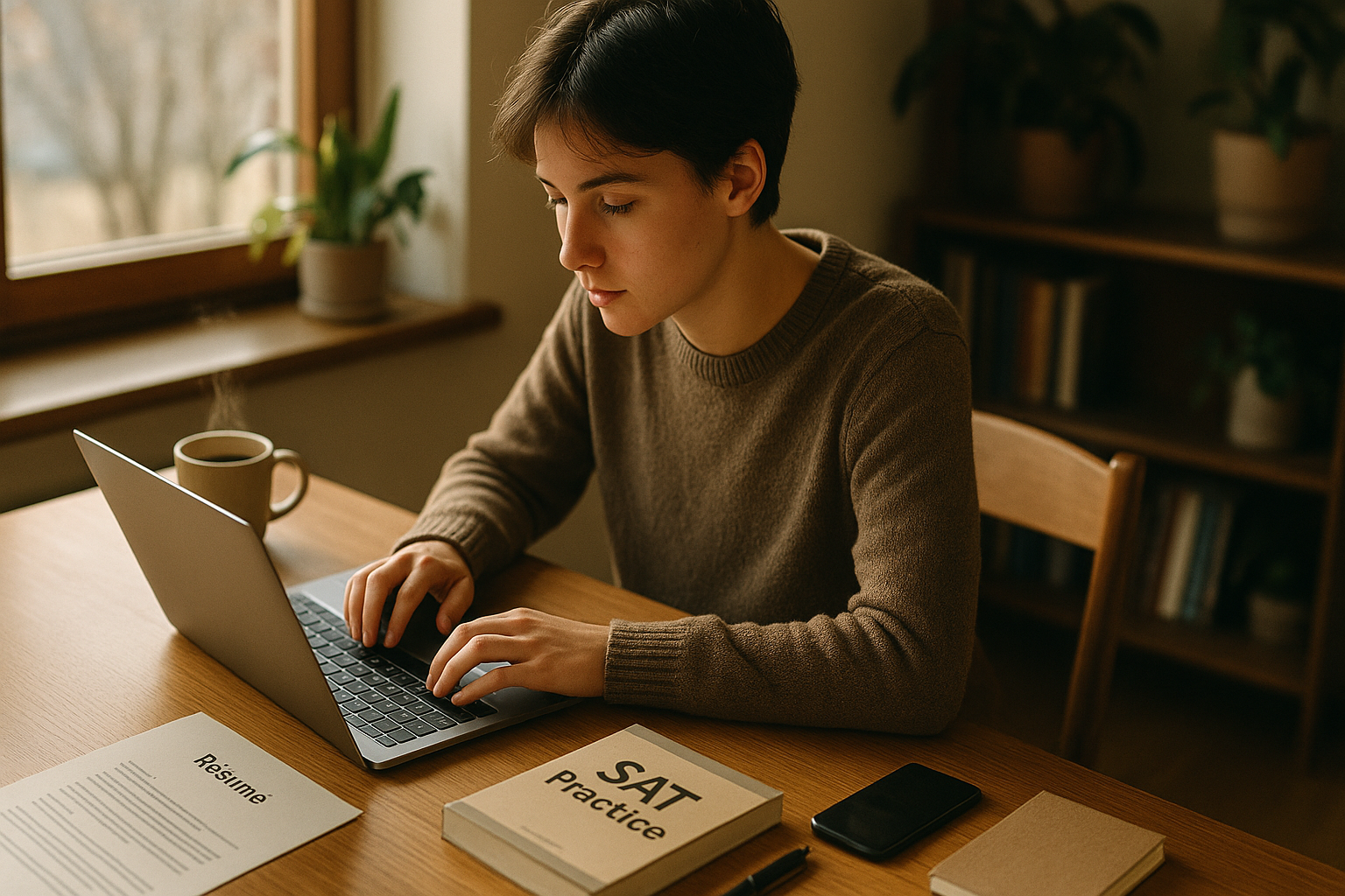 Photo Idea : A focused student at a desk with a neatly arranged résumé, laptop open, SAT practice book, and a cup of coffee — warm, natural light, candid moment.