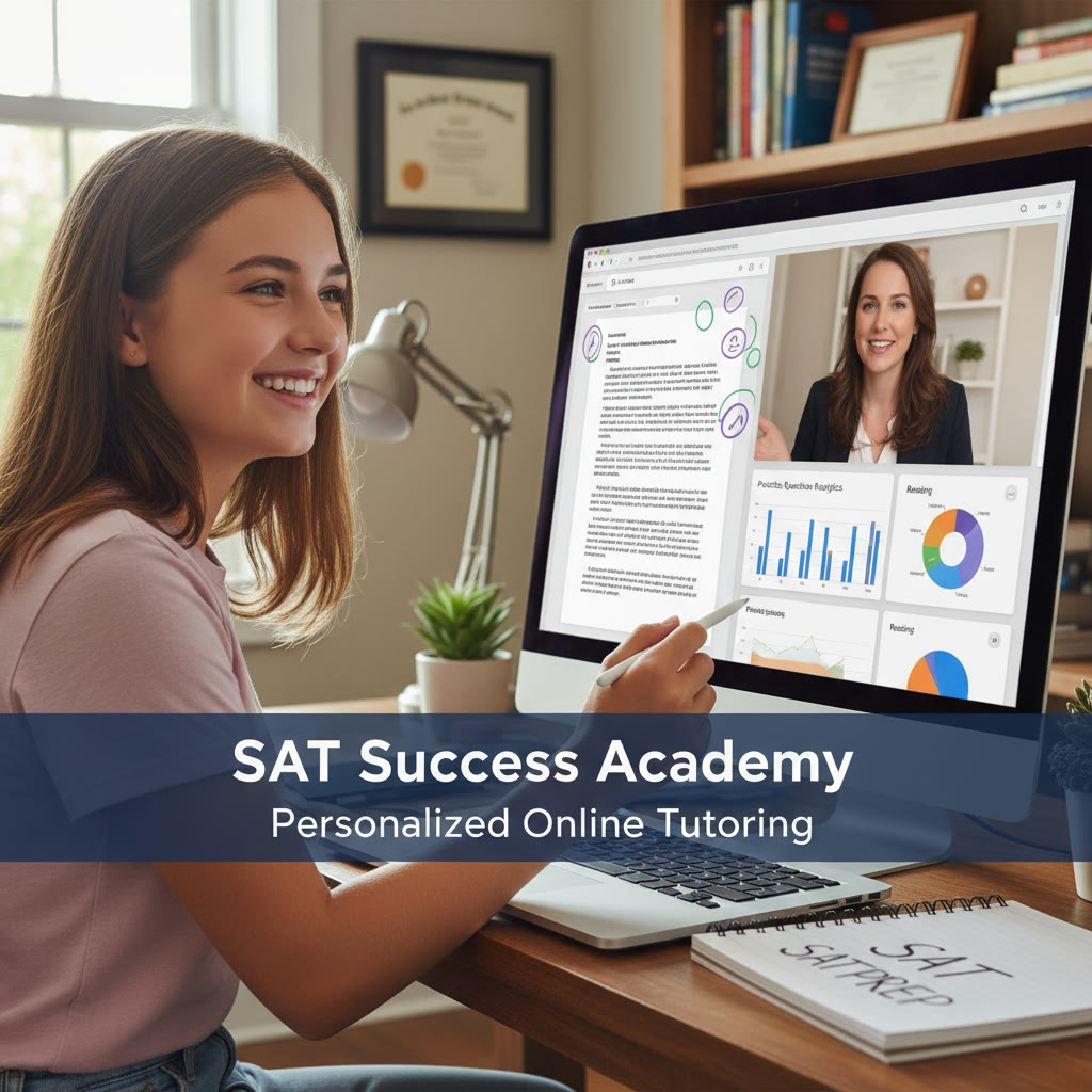 Photo Idea : A student meeting one-on-one online with a tutor, screen showing annotated essay draft and practice question analytics — conveys mentorship and modern, personalized prep.