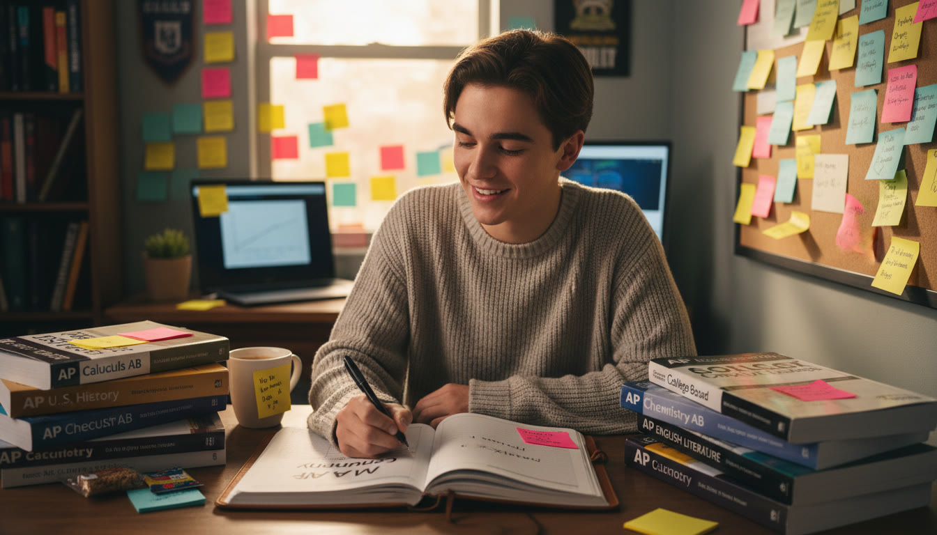 Photo Idea : A student at a desk surrounded by AP textbooks and sticky notes, pen hovering over a journal where they’re writing a short statement. The light is warm and the mood is focused and hopeful.