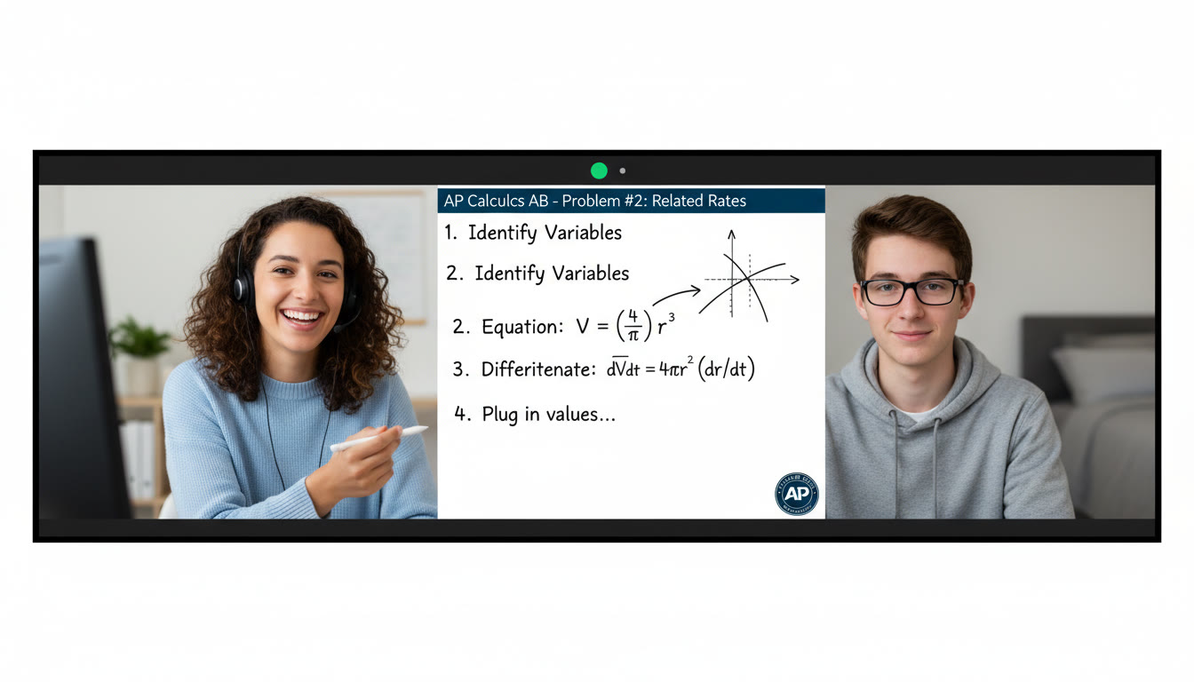 Photo Idea : A friendly online tutoring session in progress — tutor and student visible on a split-screen with a digital whiteboard showing AP problem-solving steps.