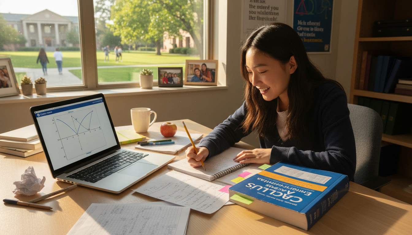 Photo Idea : A bright study scene showing a high school student working through calculus problems with a laptop and engineering textbook nearby — evokes focus and ambition.