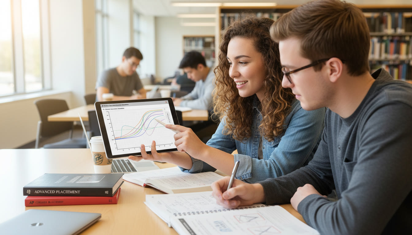 Photo Idea : Two students in a study session, one explaining a simulation graph on a tablet while the other takes notes—visual emphasis on collaboration and purposeful analysis.