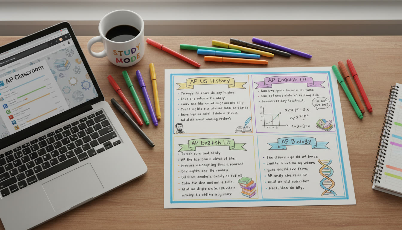 Photo Idea : A top-down photo of a student’s desk with a colorful one-pager in progress, pens, and a laptop showing AP course materials — conveys focus and organized creativity.
