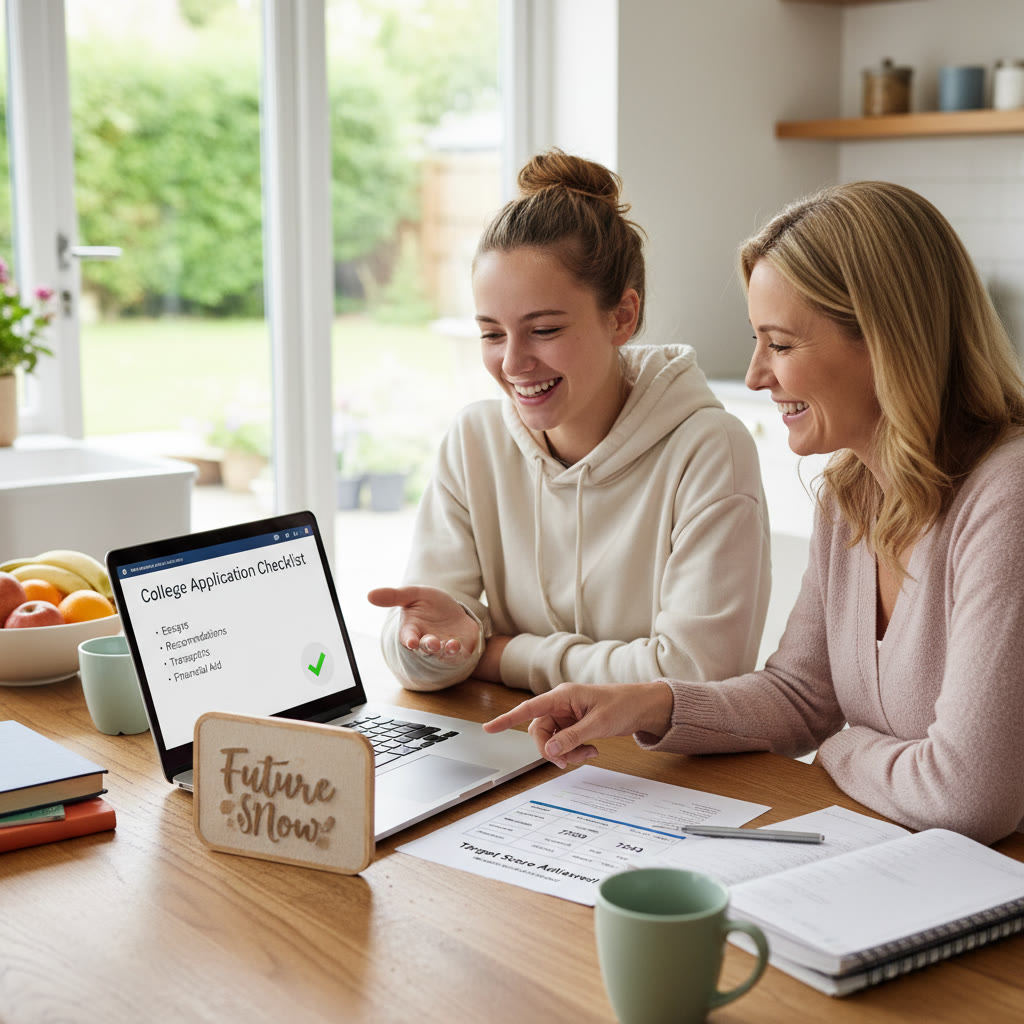 Photo Idea : A relaxed student and parent sitting together at a kitchen table, laptop open, reviewing a college application checklist and a practice Digital SAT score report.