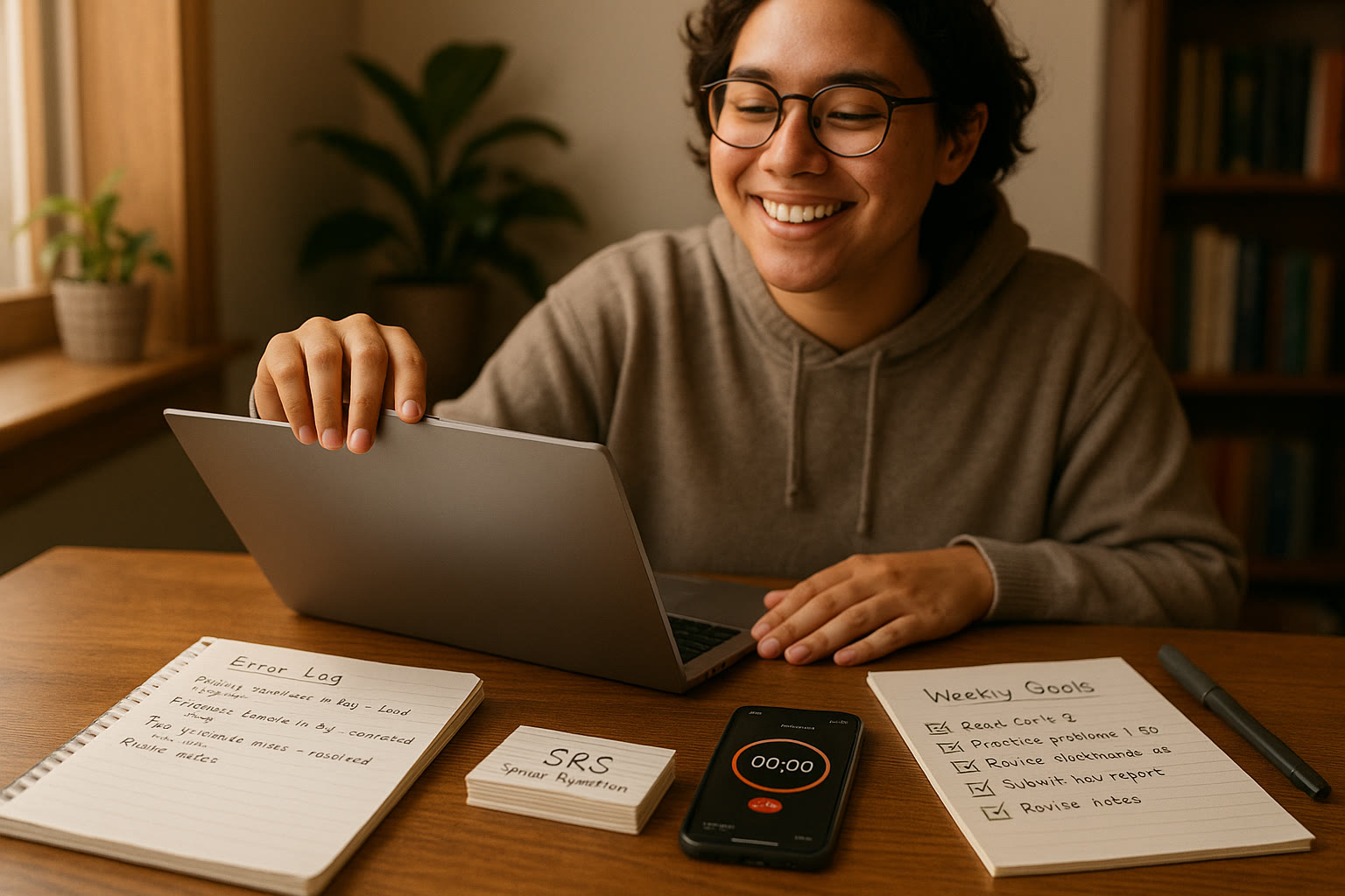 Photo Idea : A smiling student closing a laptop after a spaced study session, with a neatly written error log and a checklist showing completed goals for the week.