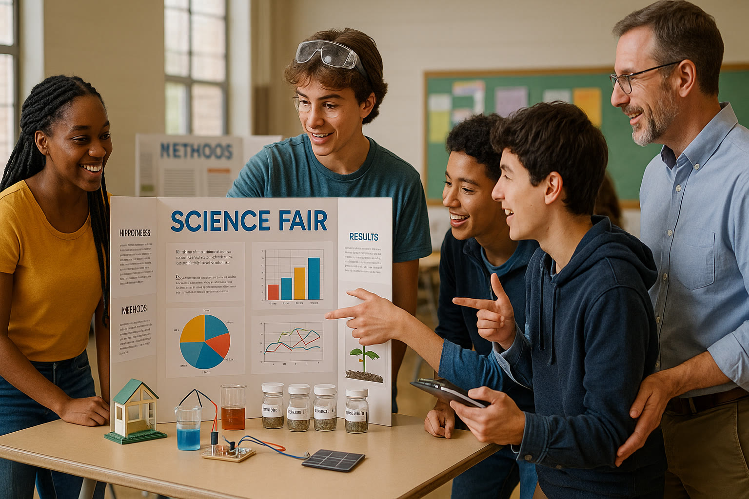 Photo Idea : A student presenting a science fair poster to a small group, showing hands-on work and engagement — ideal to illustrate project-based evidence of academic readiness.