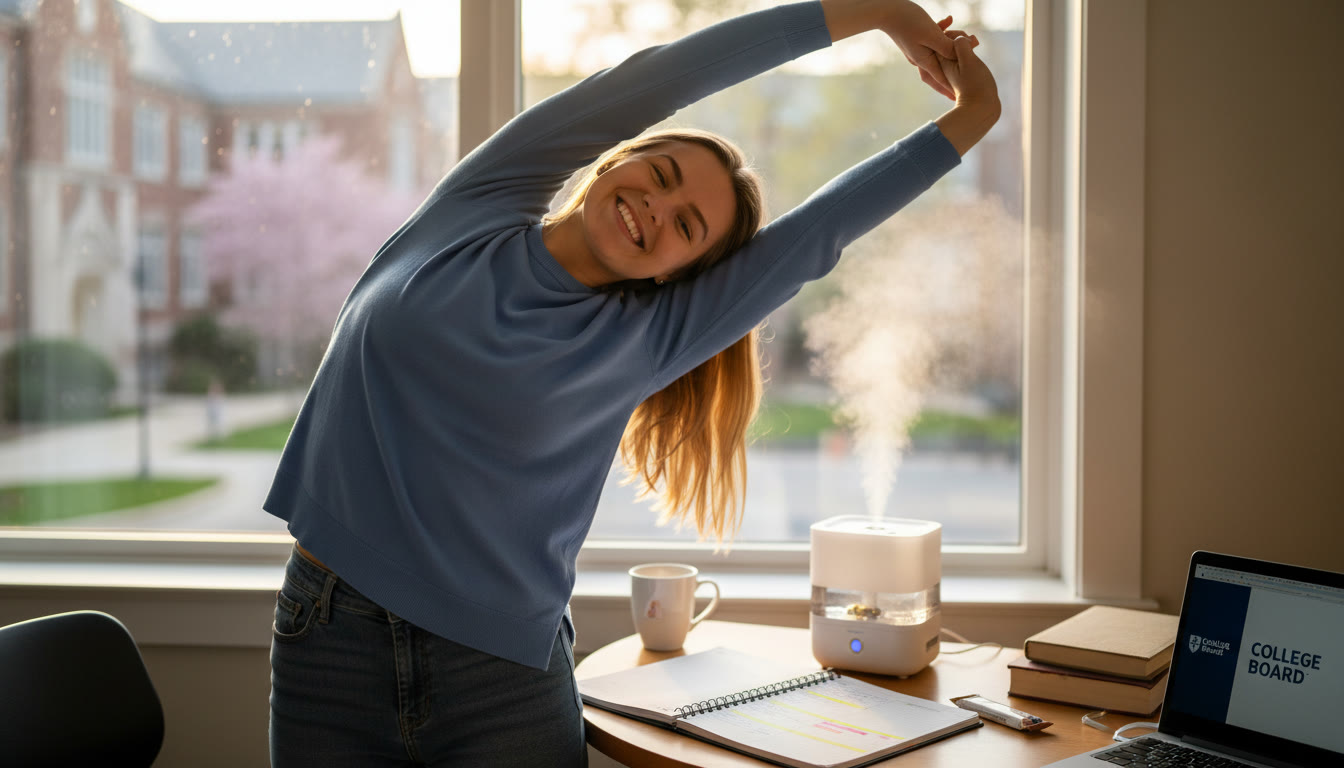 Photo Idea : A student smiling after a focused study break, stretching by a window with a study planner and a small humidifier on the desk — illustrating the calm payoff of balanced study habits.