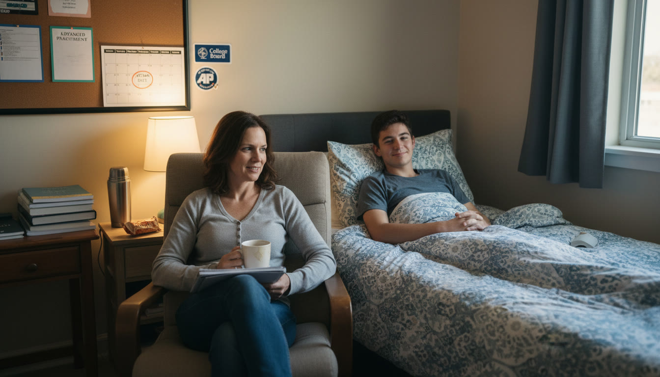 Photo Idea : A calm bedroom scene with a teenager tucked under a blanket, a parent sitting beside them with a notebook and warm tea — conveys comfort, care, and quiet preparation.