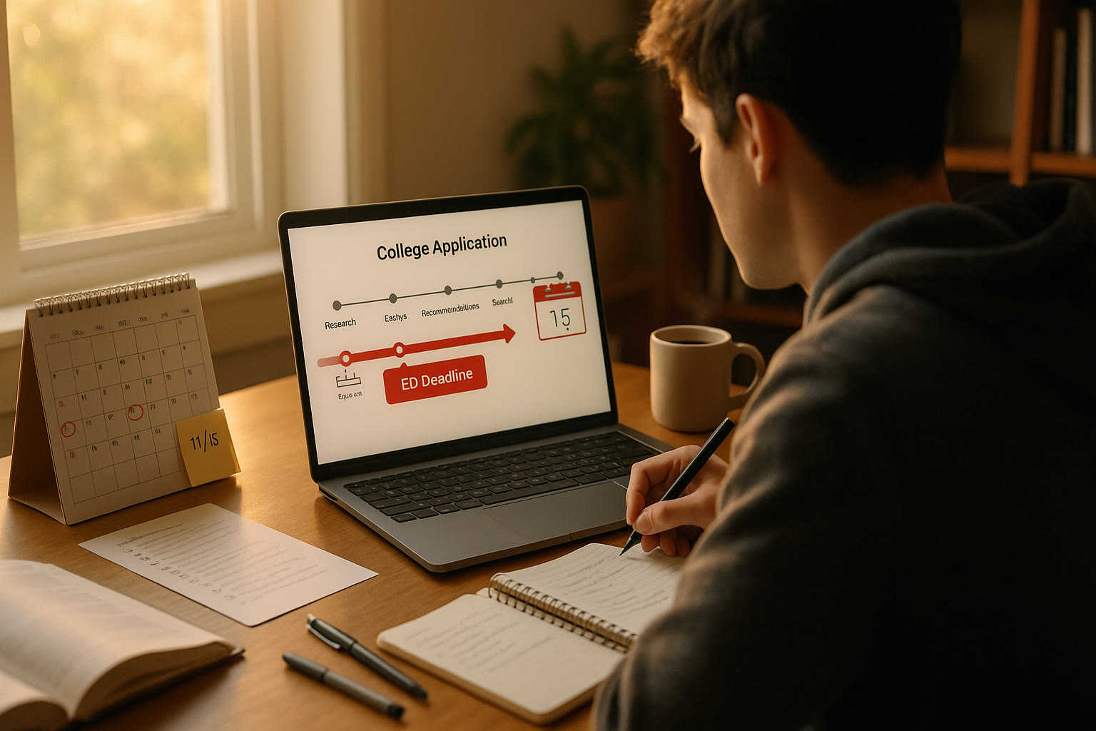 Photo Idea : A student sitting at a desk with a laptop open to a college application timeline. Soft morning light, a calendar with dates circled, and a calendar app showing “ED Deadline” highlighted.