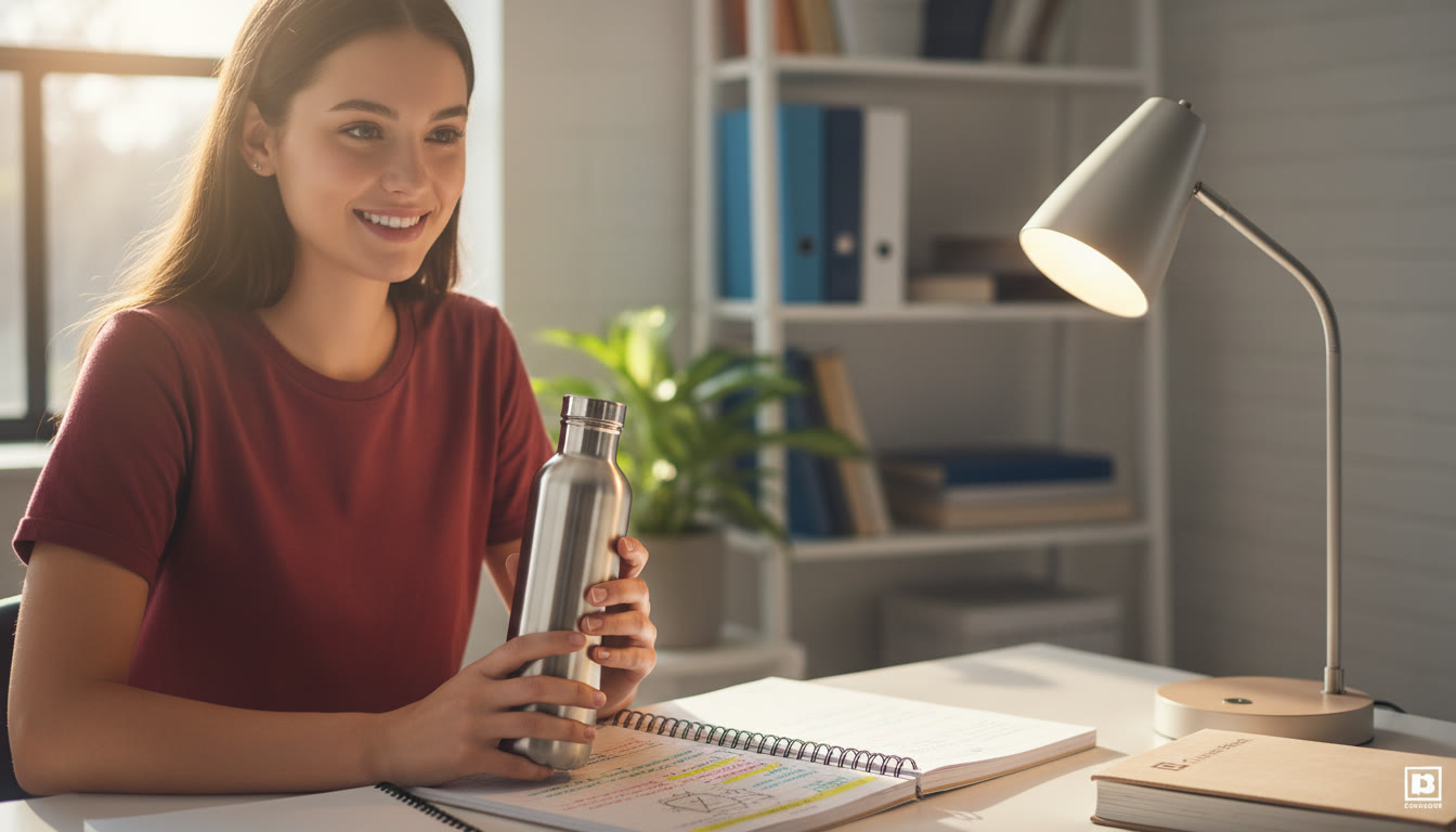Photo Idea : A student at a tidy study desk with a reusable water bottle, a notebook open to color-coded notes, and a quiet lamp. Natural light filters in, suggesting calm focus.