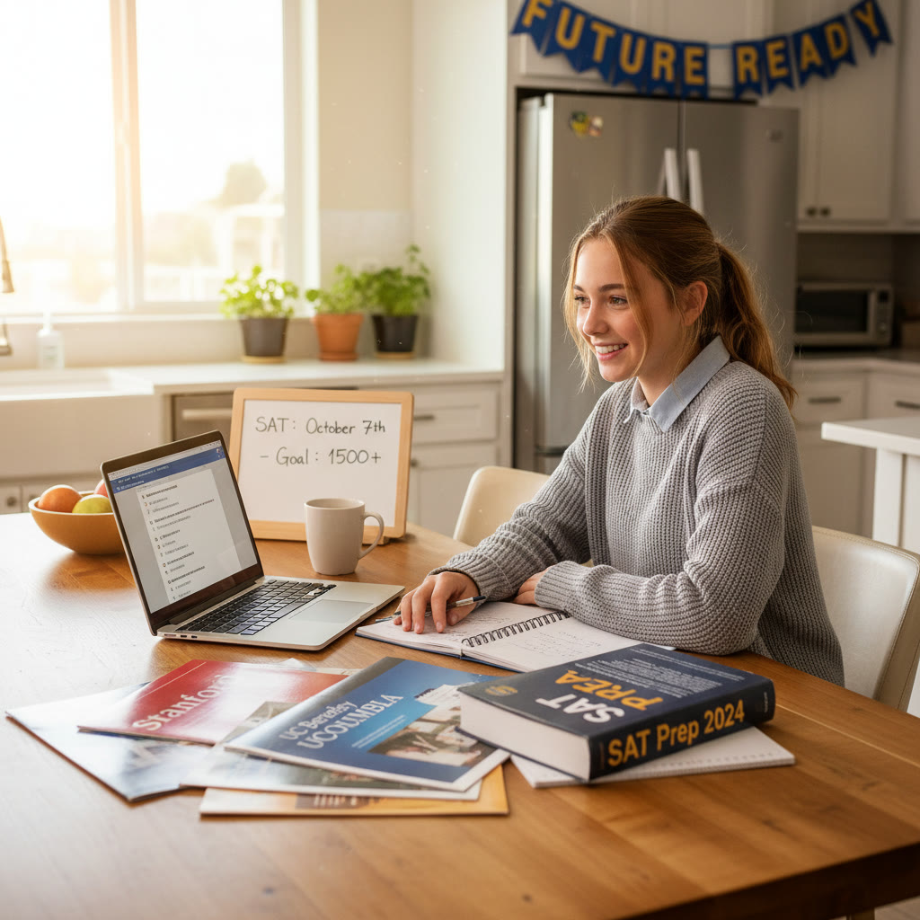 Photo Idea : A confident high school student studying at a kitchen table with college brochures and a laptop open — warm lighting, natural scene showing focused but relaxed preparation.