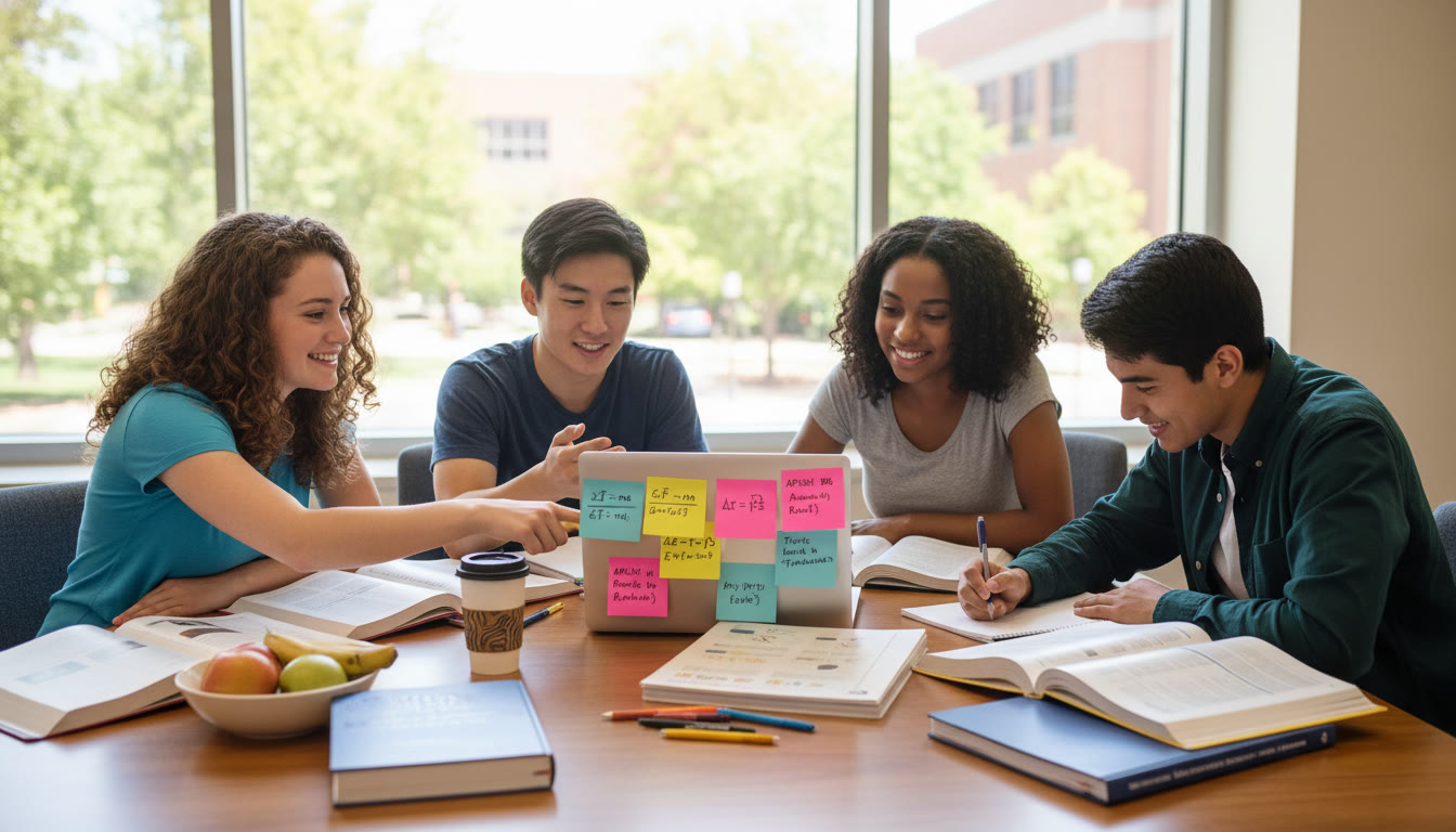 Photo Idea : A bright, energetic photo of a diverse group of high school students studying together with textbooks and a laptop, sticky notes with formulas and essay outlines visible — conveys collaboration, focus, and STEM ambition.