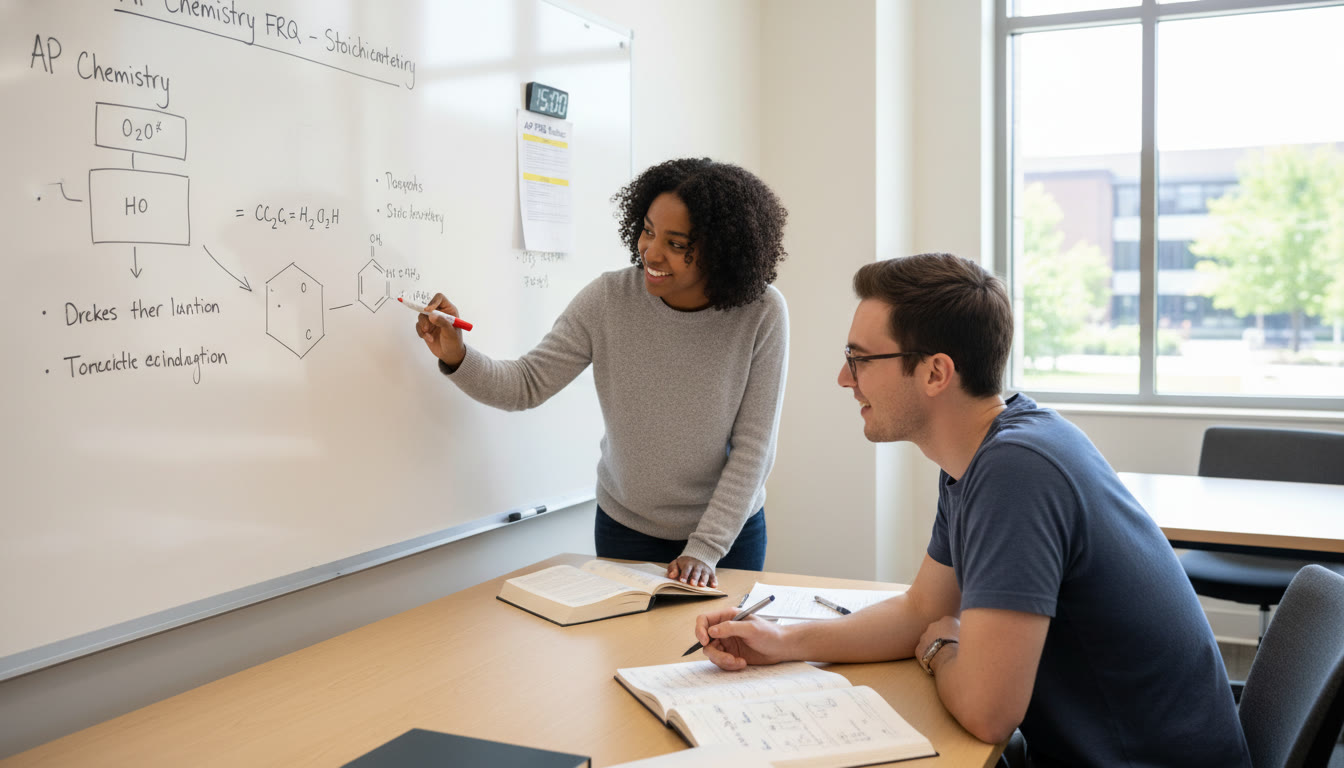 Photo Idea : A tutor and a student discussing FRQ responses on a whiteboard, with a timer and rubric visible—illustrates one-on-one feedback and targeted correction mid-article.