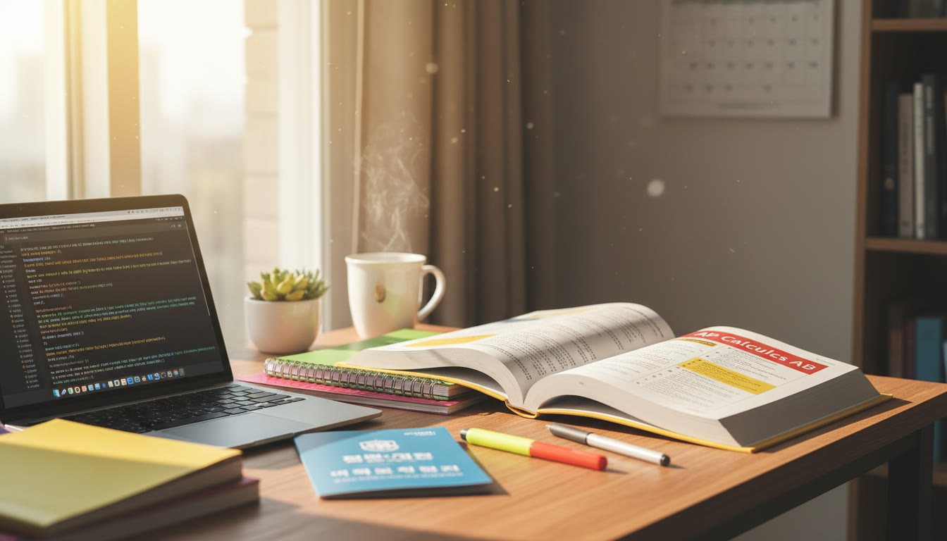 Photo Idea : A bright study corner with an open AP Calculus book, a laptop showing code, and a small Korean university brochure peeking from the stack — conveys focus and international ambition.