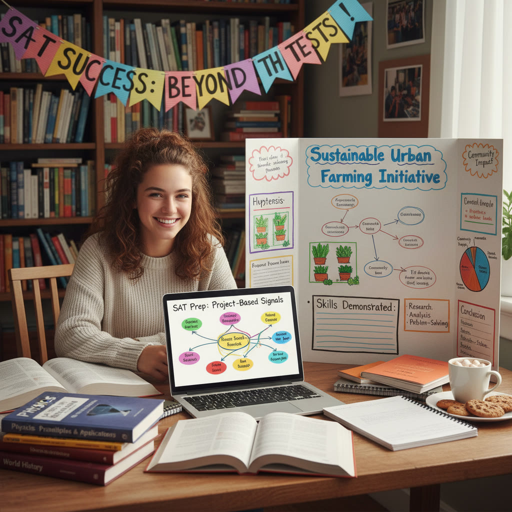 Photo idea: A student at a desk surrounded by open textbooks, a laptop with notes, and a poster board from a science project—illustrating project-based signals that replace subject tests.
