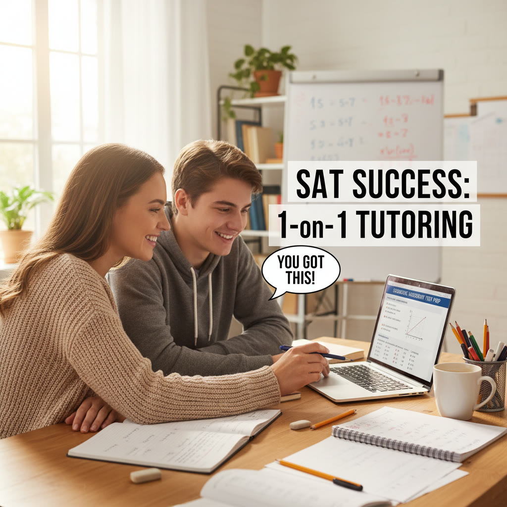 Photo Idea : A warm, approachable photo of a tutor and student working together over a laptop with notes and practice problems — to highlight the human side of SAT prep and how 1-on-1 tutoring can help.