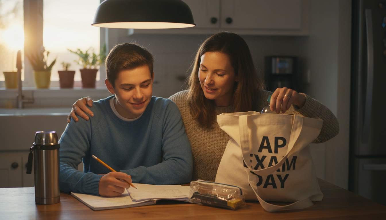 Photo Idea : A calm, reassuring scene of a parent and teen at the kitchen table going over test-day notes and packing an AP exam day bag — warm lighting, relaxed posture, natural interaction.