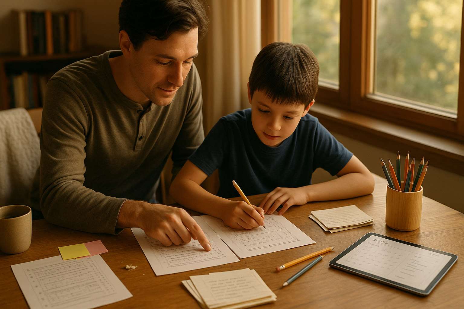 Photo Idea : A peaceful afternoon scene of a parent and student reviewing a practice test together, notes and colored pencils nearby, a tablet open to a study plan.