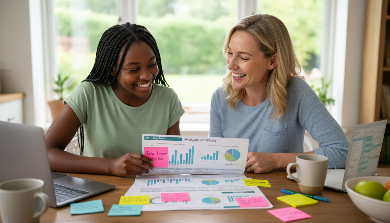 Photo Idea : A relaxed kitchen-table scene with a parent and teen reviewing a diagnostic report together—charts, colorful sticky notes, and a laptop open to a study schedule. The mood is collaborative and constructive.