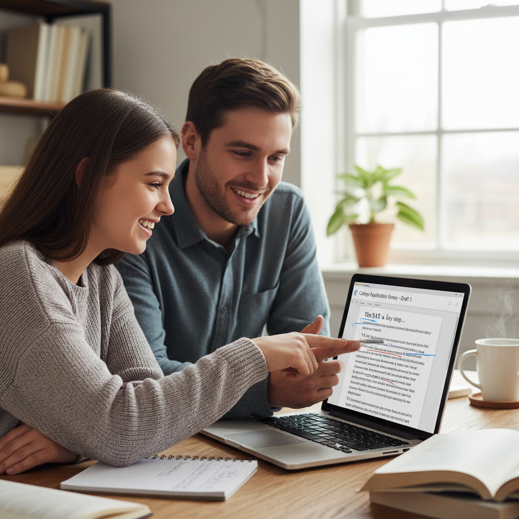 Photo Idea : A student and tutor (or parent) reviewing a laptop screen together, pointing at an essay draft — natural, collaborative vibe.