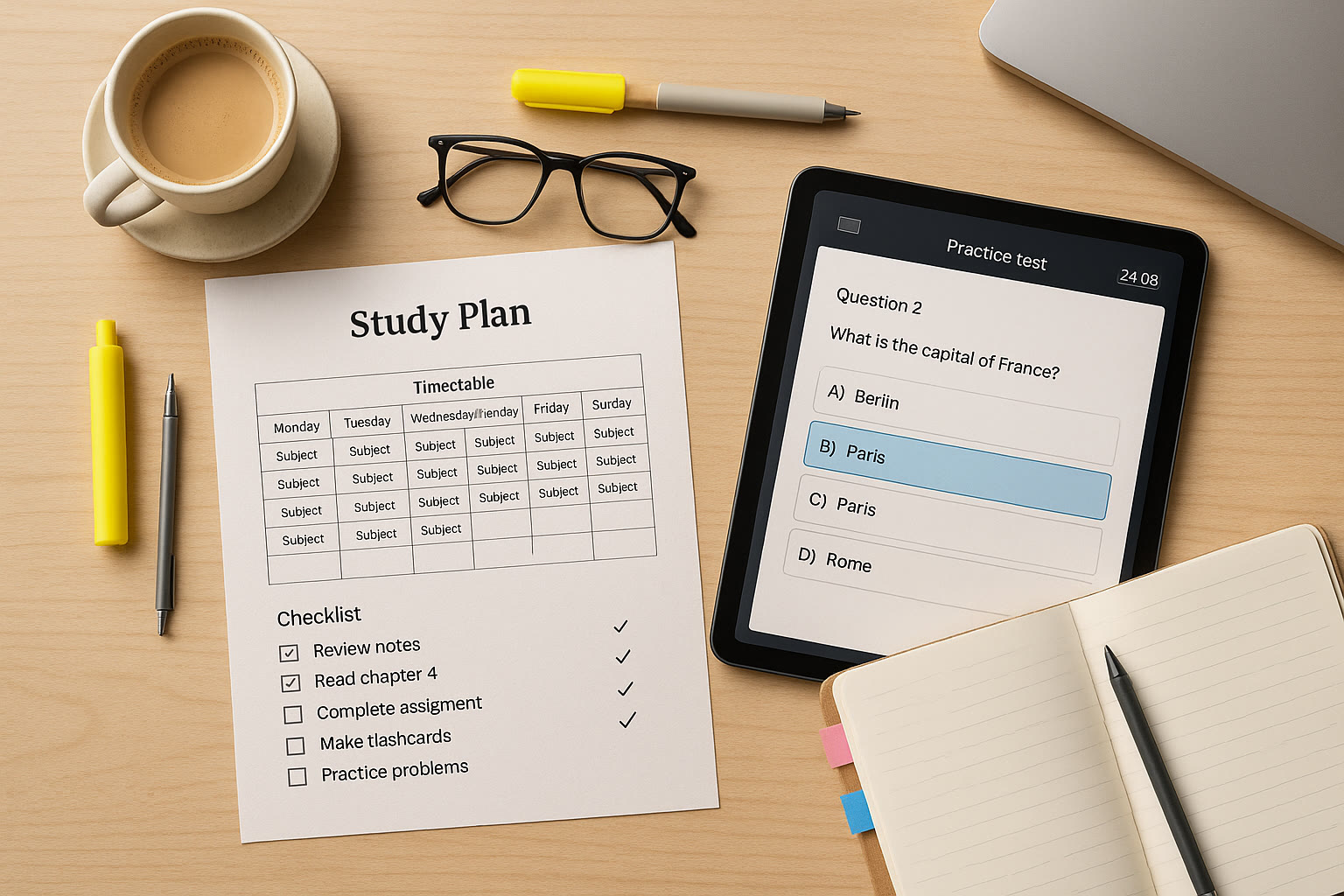 Photo Idea : A neat flat-lay photo of a study plan on paper, a tablet showing a digital practice test screen, and a notebook with sticky notes — visual of organized preparation.